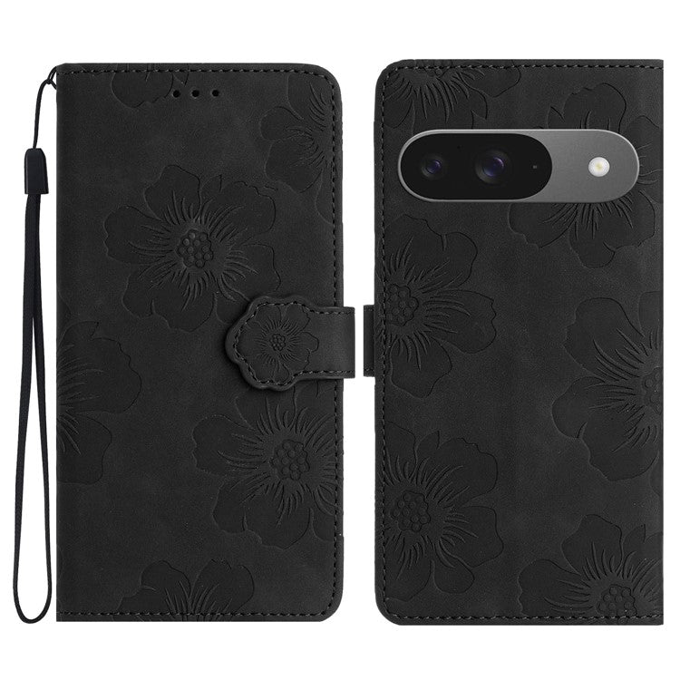 For Google Pixel 9 / Pixel 9 Pro Case Flower Design Leather Wallet Phone Cover with Wrist Strap - Black