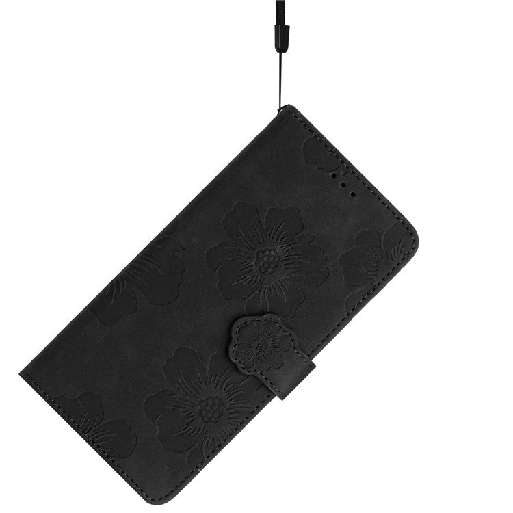 For Google Pixel 9 / Pixel 9 Pro Case Flower Design Leather Wallet Phone Cover with Wrist Strap - Black