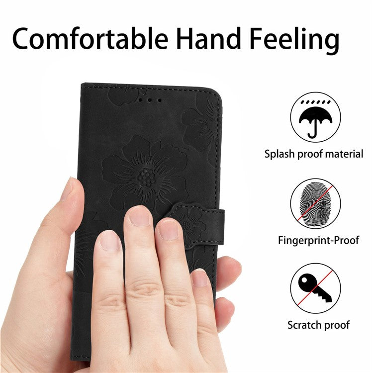 For Google Pixel 9 / Pixel 9 Pro Case Flower Design Leather Wallet Phone Cover with Wrist Strap - Black