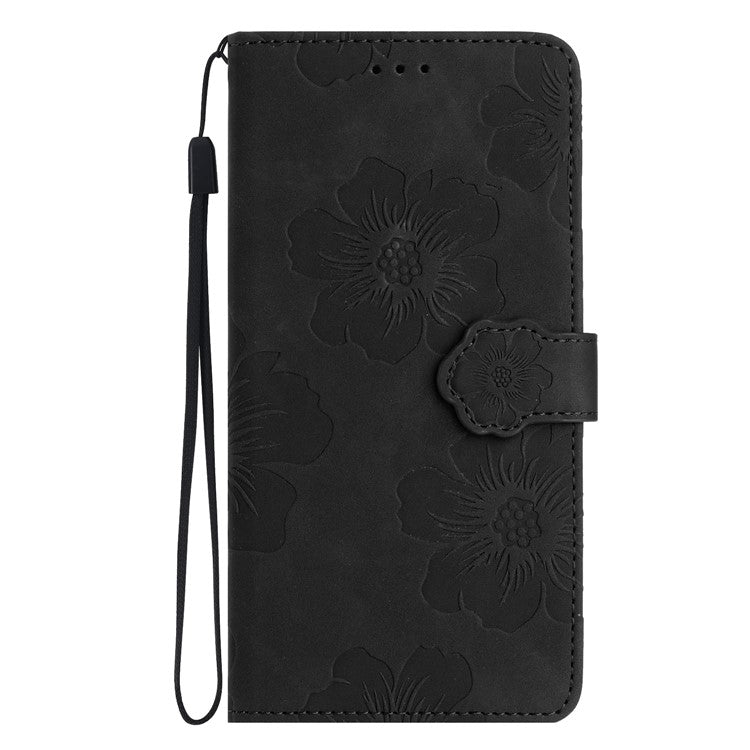 For Google Pixel 9 / Pixel 9 Pro Case Flower Design Leather Wallet Phone Cover with Wrist Strap - Black