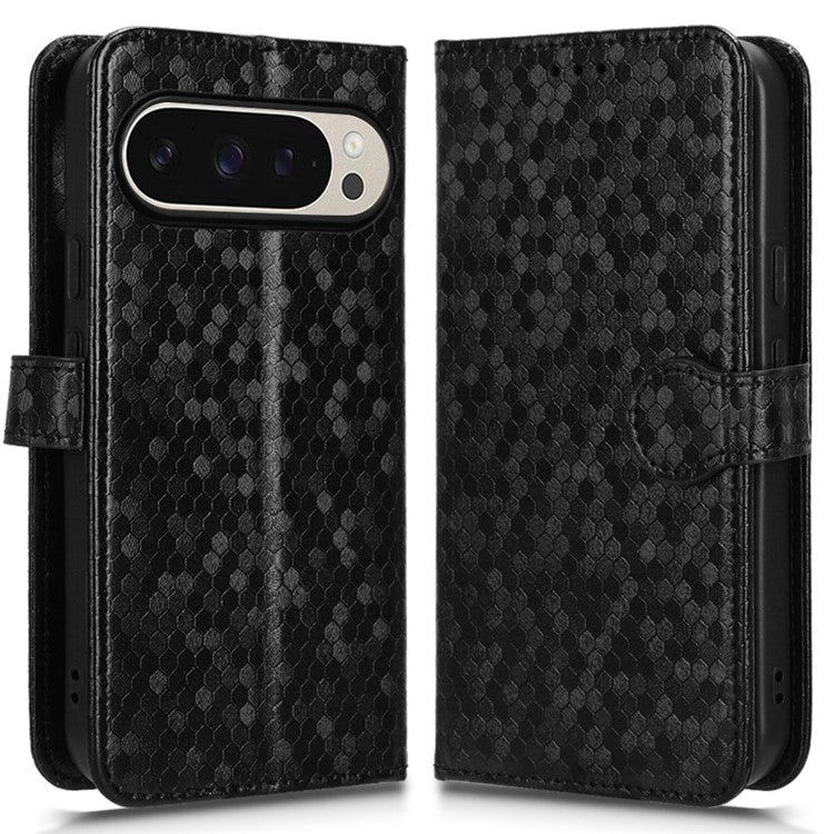 For Google Pixel 9 Pro / Pixel 9 Wallet Case Dot Pattern Imprint PU Leather Phone Cover - Black