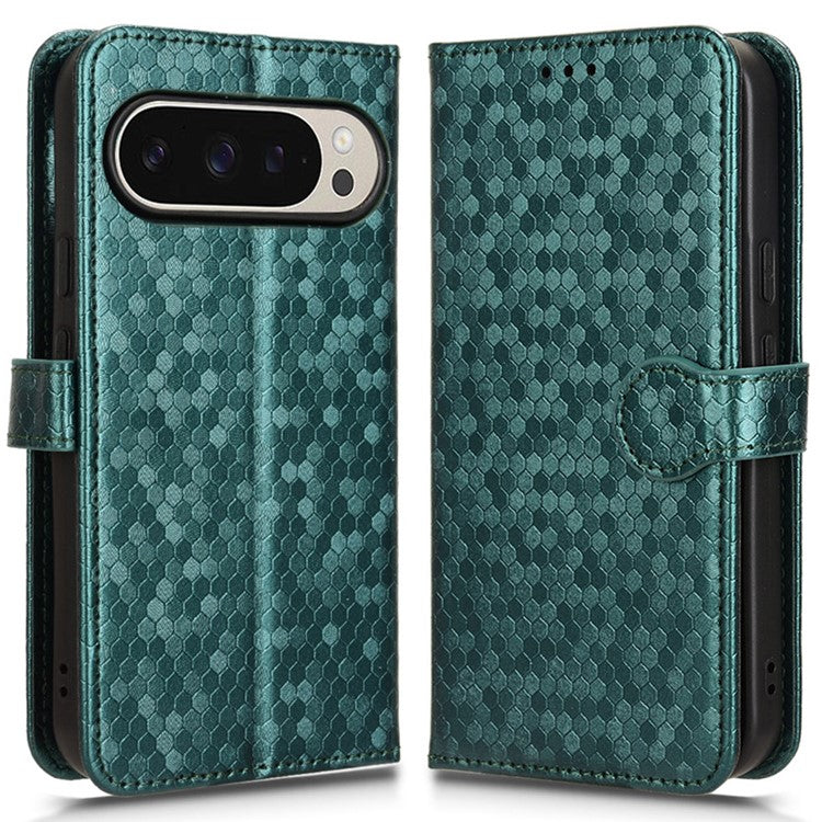 For Google Pixel 9 Pro / Pixel 9 Wallet Case Dot Pattern Imprint PU Leather Phone Cover - Green