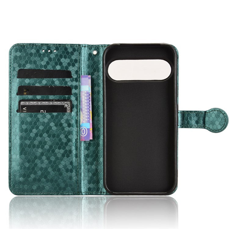 For Google Pixel 9 Pro / Pixel 9 Wallet Case Dot Pattern Imprint PU Leather Phone Cover - Green