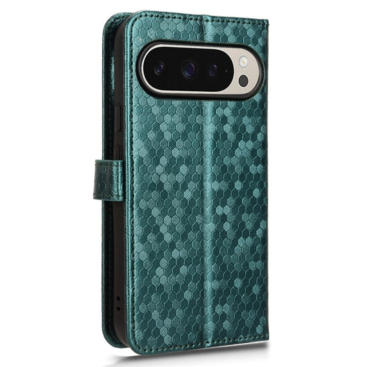 For Google Pixel 9 Pro / Pixel 9 Wallet Case Dot Pattern Imprint PU Leather Phone Cover - Green