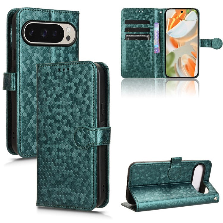 For Google Pixel 9 Pro / Pixel 9 Wallet Case Dot Pattern Imprint PU Leather Phone Cover - Green