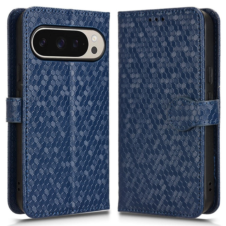 For Google Pixel 9 Pro / Pixel 9 Wallet Case Dot Pattern Imprint PU Leather Phone Cover - Dark Blue