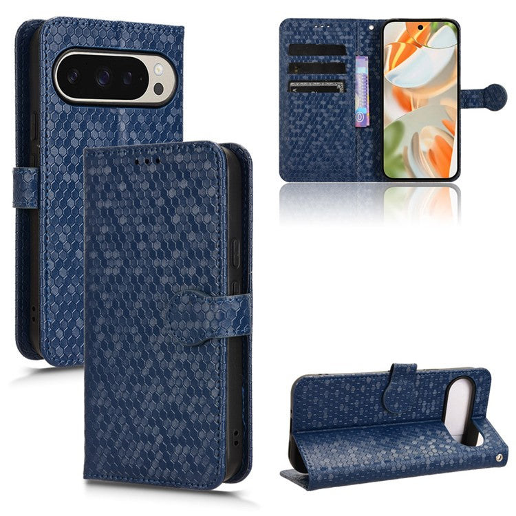 For Google Pixel 9 Pro / Pixel 9 Wallet Case Dot Pattern Imprint PU Leather Phone Cover - Dark Blue