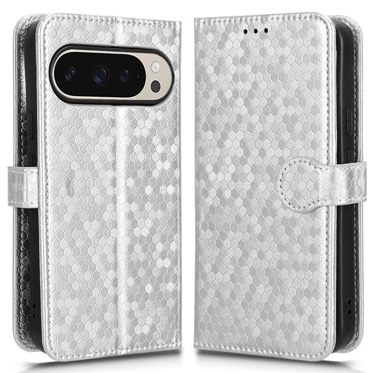 For Google Pixel 9 Pro / Pixel 9 Wallet Case Dot Pattern Imprint PU Leather Phone Cover - Silver