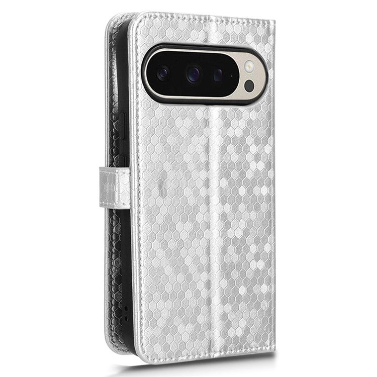 For Google Pixel 9 Pro / Pixel 9 Wallet Case Dot Pattern Imprint PU Leather Phone Cover - Silver