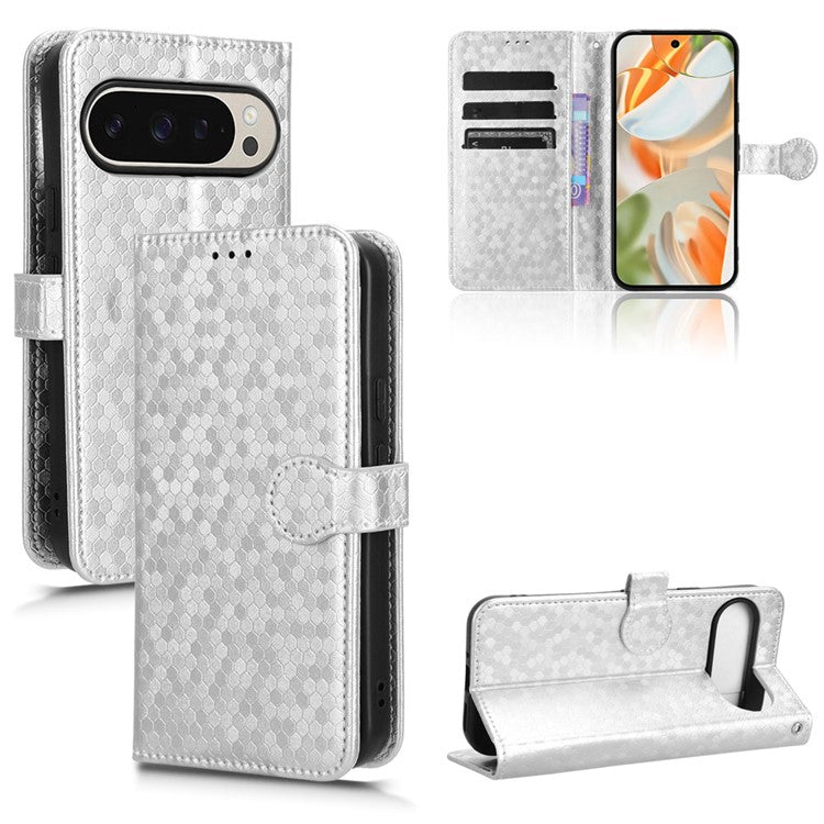 For Google Pixel 9 Pro / Pixel 9 Wallet Case Dot Pattern Imprint PU Leather Phone Cover - Silver