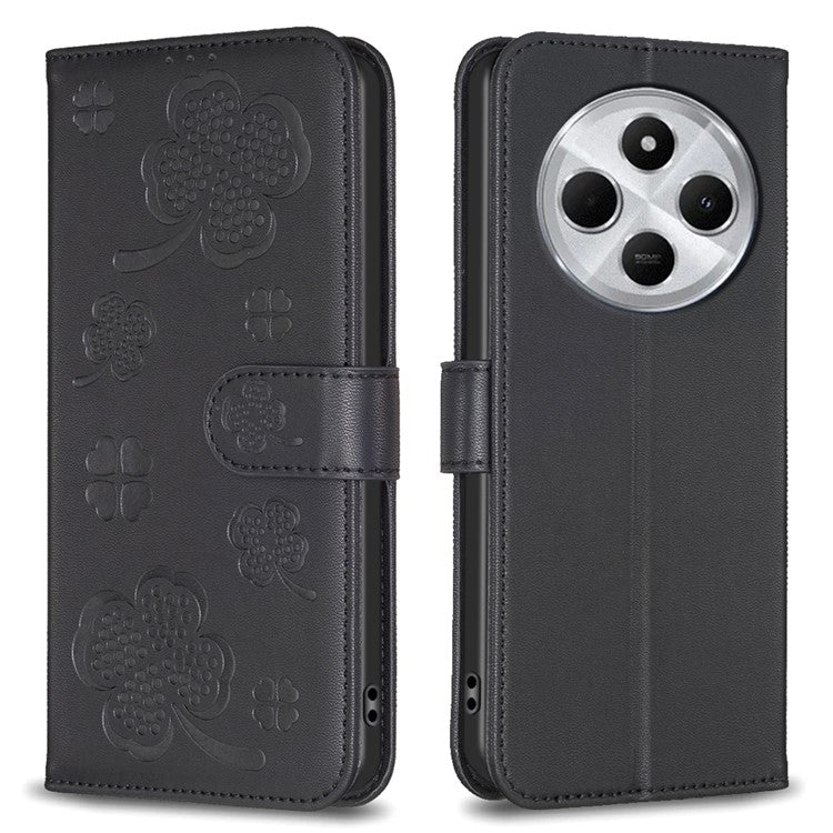 For Xiaomi Poco C75 4G / Redmi 14R 5G / 14C 4G Case Clover Pattern Wallet Stand View Leather Phone Cover - Black