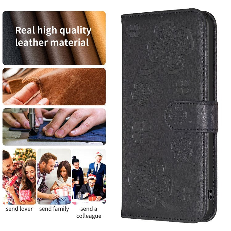 For Xiaomi Poco C75 4G / Redmi 14R 5G / 14C 4G Case Clover Pattern Wallet Stand View Leather Phone Cover - Black