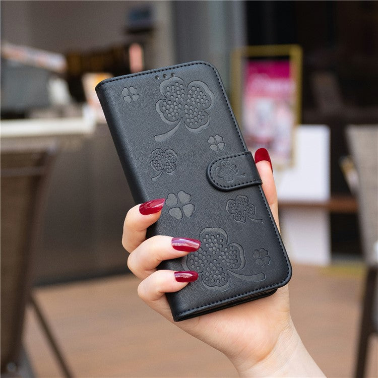 For Xiaomi Poco C75 4G / Redmi 14R 5G / 14C 4G Case Clover Pattern Wallet Stand View Leather Phone Cover - Black