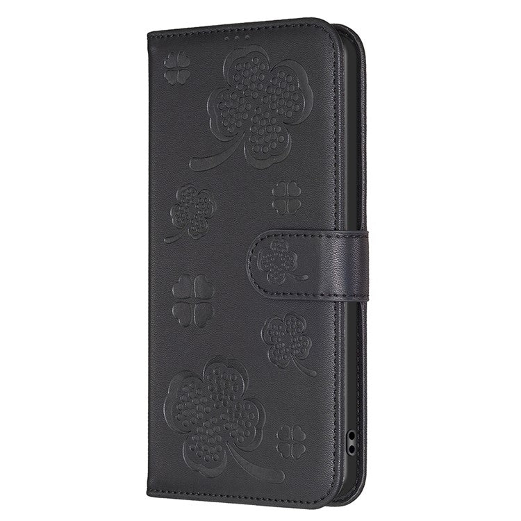 For Xiaomi Poco C75 4G / Redmi 14R 5G / 14C 4G Case Clover Pattern Wallet Stand View Leather Phone Cover - Black