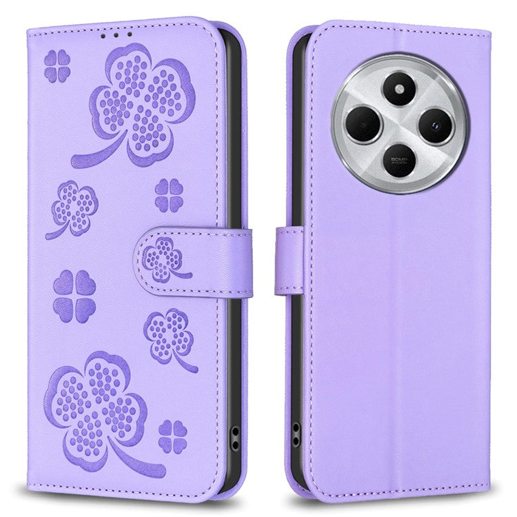 For Xiaomi Poco C75 4G / Redmi 14R 5G / 14C 4G Case Clover Pattern Wallet Stand View Leather Phone Cover - Purple