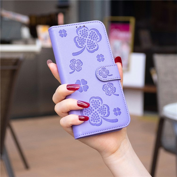 For Xiaomi Poco C75 4G / Redmi 14R 5G / 14C 4G Case Clover Pattern Wallet Stand View Leather Phone Cover - Purple