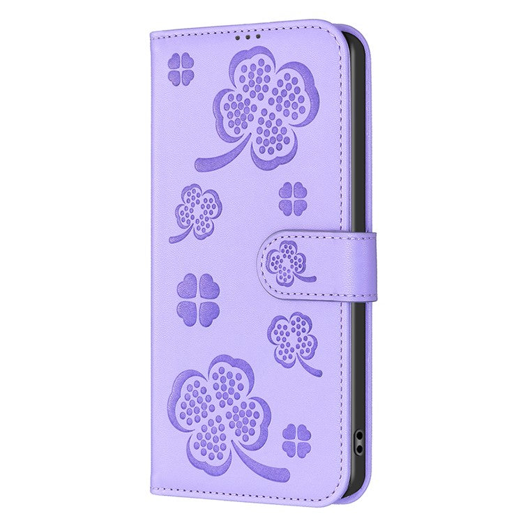 For Xiaomi Poco C75 4G / Redmi 14R 5G / 14C 4G Case Clover Pattern Wallet Stand View Leather Phone Cover - Purple