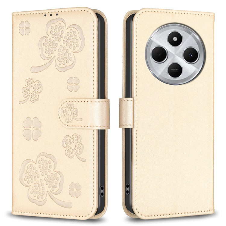 For Xiaomi Poco C75 4G / Redmi 14R 5G / 14C 4G Case Clover Pattern Wallet Stand View Leather Phone Cover - Gold