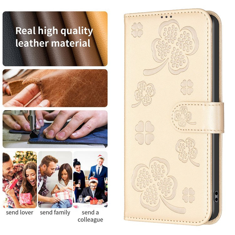 For Xiaomi Poco C75 4G / Redmi 14R 5G / 14C 4G Case Clover Pattern Wallet Stand View Leather Phone Cover - Gold