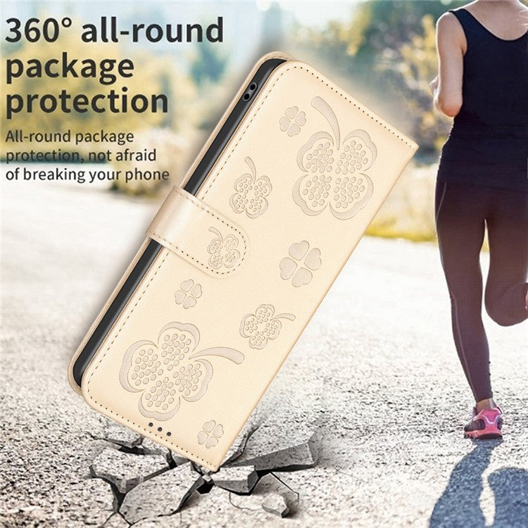 For Xiaomi Poco C75 4G / Redmi 14R 5G / 14C 4G Case Clover Pattern Wallet Stand View Leather Phone Cover - Gold