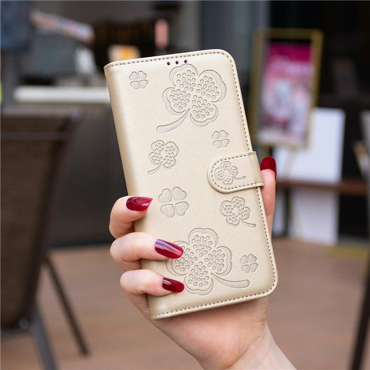 For Xiaomi Poco C75 4G / Redmi 14R 5G / 14C 4G Case Clover Pattern Wallet Stand View Leather Phone Cover - Gold