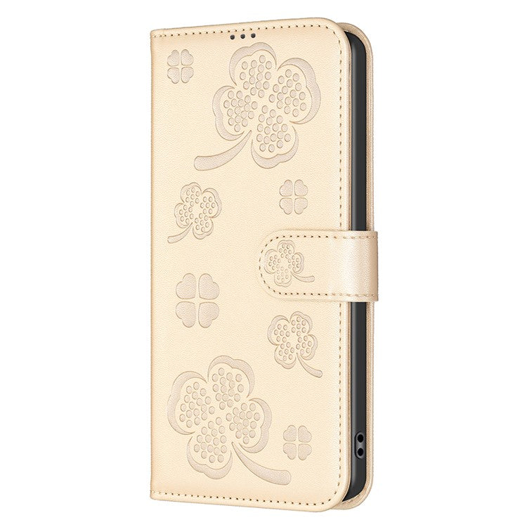 For Xiaomi Poco C75 4G / Redmi 14R 5G / 14C 4G Case Clover Pattern Wallet Stand View Leather Phone Cover - Gold