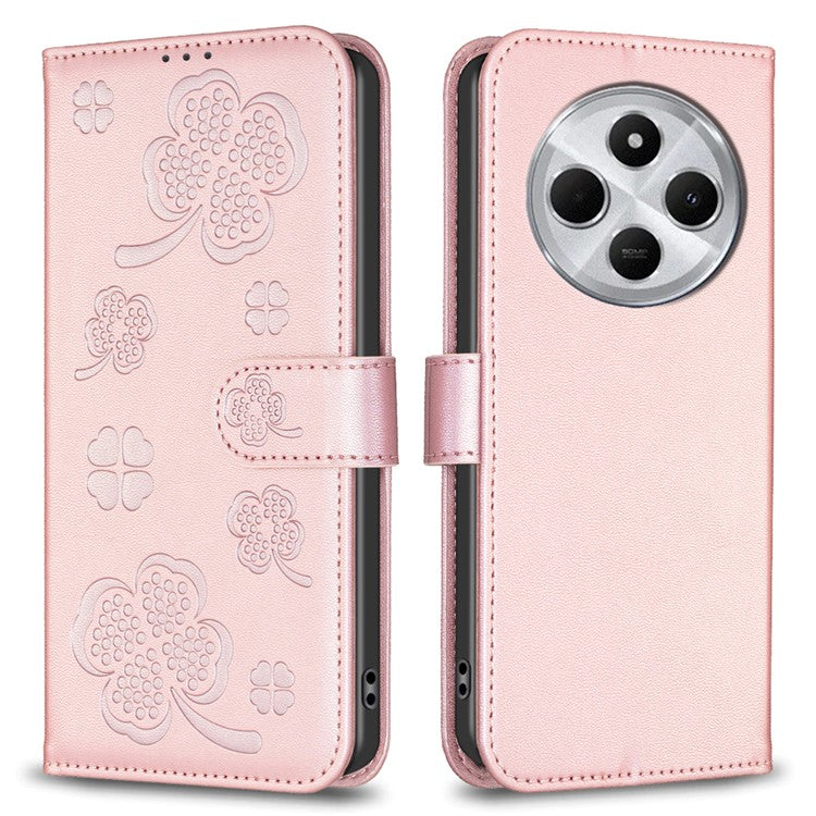 For Xiaomi Poco C75 4G / Redmi 14R 5G / 14C 4G Case Clover Pattern Wallet Stand View Leather Phone Cover - Pink