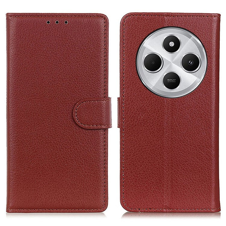 For Xiaomi Poco C75 4G / Redmi 14R 5G / 14C 4G Wallet Case PU Leather Phone Cover Litchi Texture - Brown