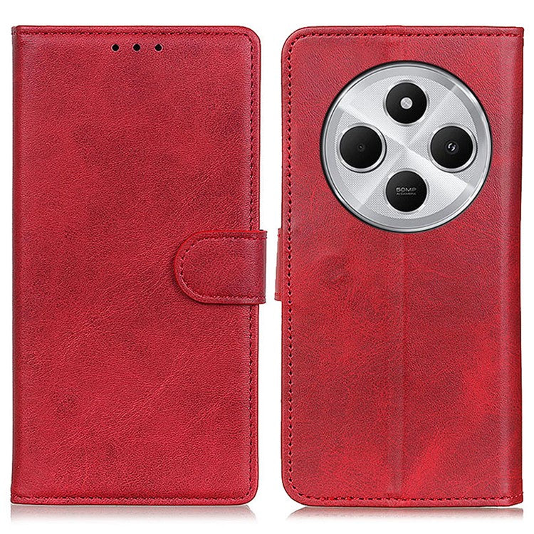 For Xiaomi Poco C75 4G / Redmi 14R 5G / 14C 4G Stand Wallet Case Cowhide Texture Leather Phone Cover - Red