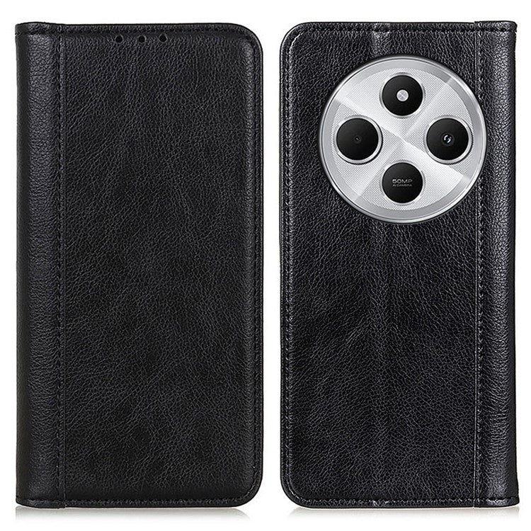 For Xiaomi Poco C75 4G / Redmi 14R 5G / 14C 4G Stand Case Split Leather Litchi Texture Wallet Phone Cover - Black