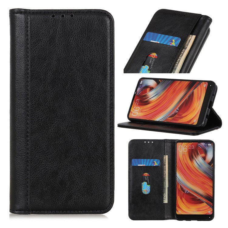 For Xiaomi Poco C75 4G / Redmi 14R 5G / 14C 4G Stand Case Split Leather Litchi Texture Wallet Phone Cover - Black