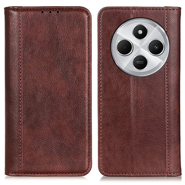 For Xiaomi Poco C75 4G / Redmi 14R 5G / 14C 4G Stand Case Split Leather Litchi Texture Wallet Phone Cover - Brown