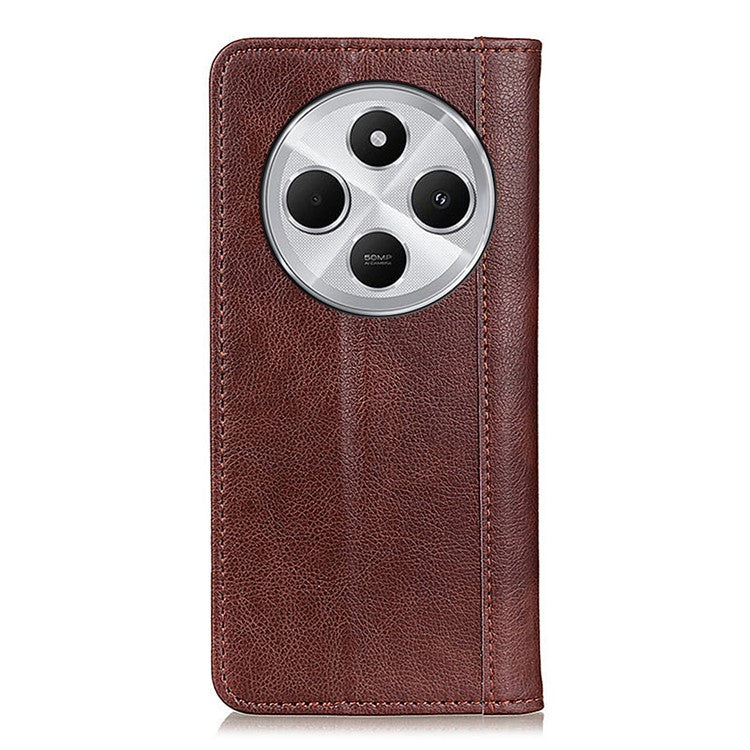 For Xiaomi Poco C75 4G / Redmi 14R 5G / 14C 4G Stand Case Split Leather Litchi Texture Wallet Phone Cover - Brown