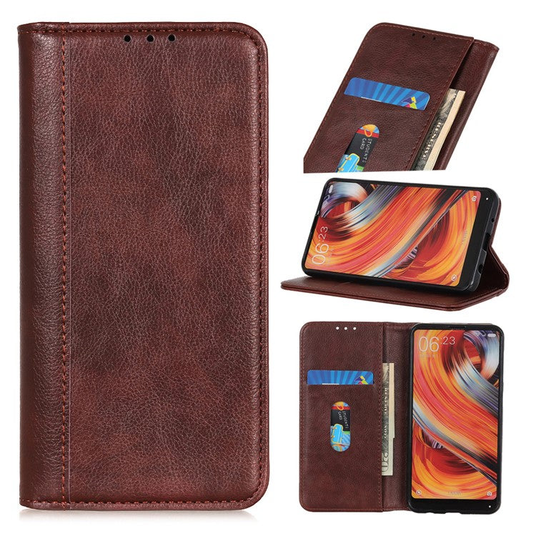 For Xiaomi Poco C75 4G / Redmi 14R 5G / 14C 4G Stand Case Split Leather Litchi Texture Wallet Phone Cover - Brown