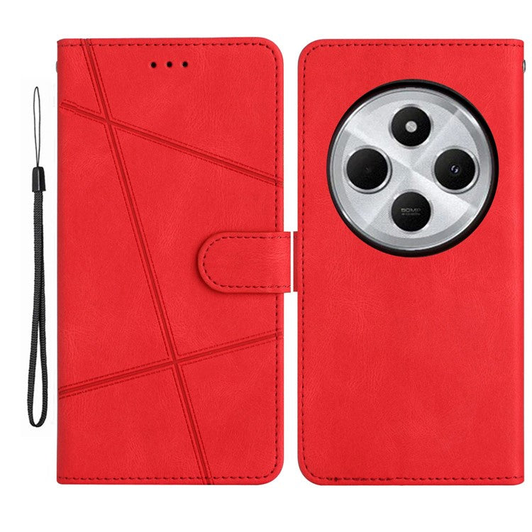 For Xiaomi Poco C75 4G / Redmi 14R 5G / 14C 4G Wallet Case Line Imprinted Skin-Touch Anti-Drop Leather Flip Phone Cover - Red