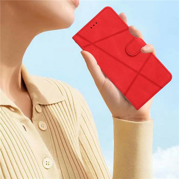 For Xiaomi Poco C75 4G / Redmi 14R 5G / 14C 4G Wallet Case Line Imprinted Skin-Touch Anti-Drop Leather Flip Phone Cover - Red