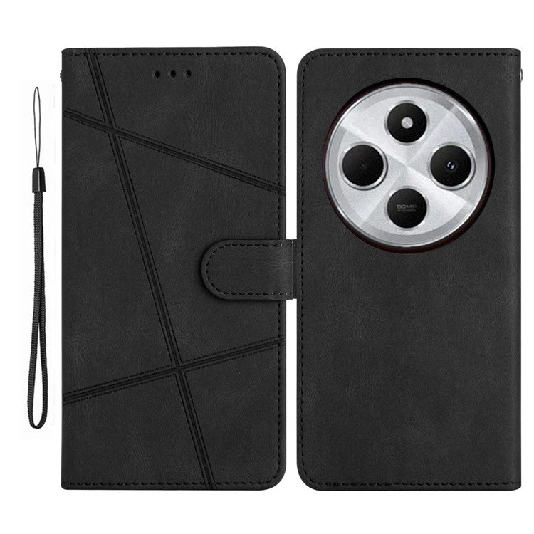 For Xiaomi Poco C75 4G / Redmi 14R 5G / 14C 4G Wallet Case Line Imprinted Skin-Touch Anti-Drop Leather Flip Phone Cover - Black