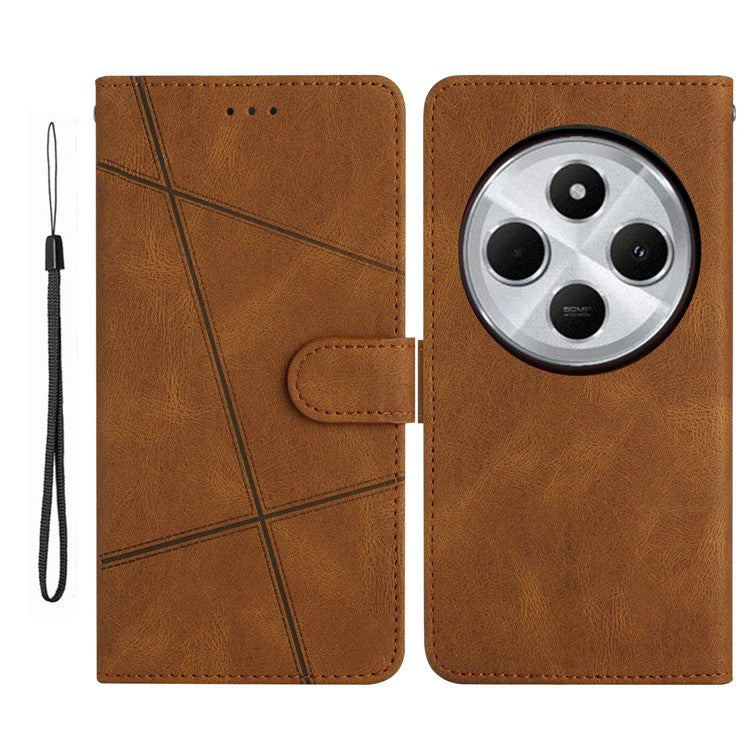 For Xiaomi Poco C75 4G / Redmi 14R 5G / 14C 4G Wallet Case Line Imprinted Skin-Touch Anti-Drop Leather Flip Phone Cover - Brown