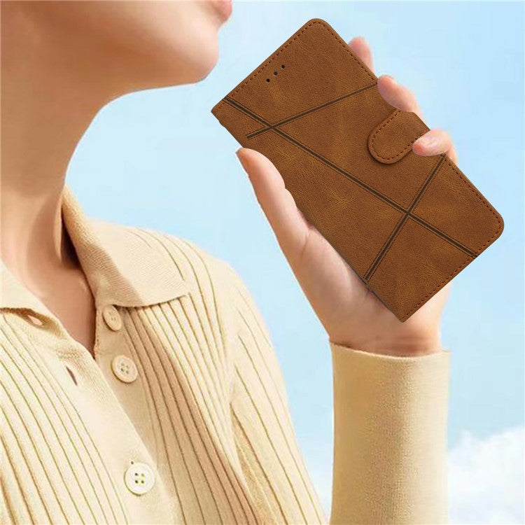 For Xiaomi Poco C75 4G / Redmi 14R 5G / 14C 4G Wallet Case Line Imprinted Skin-Touch Anti-Drop Leather Flip Phone Cover - Brown