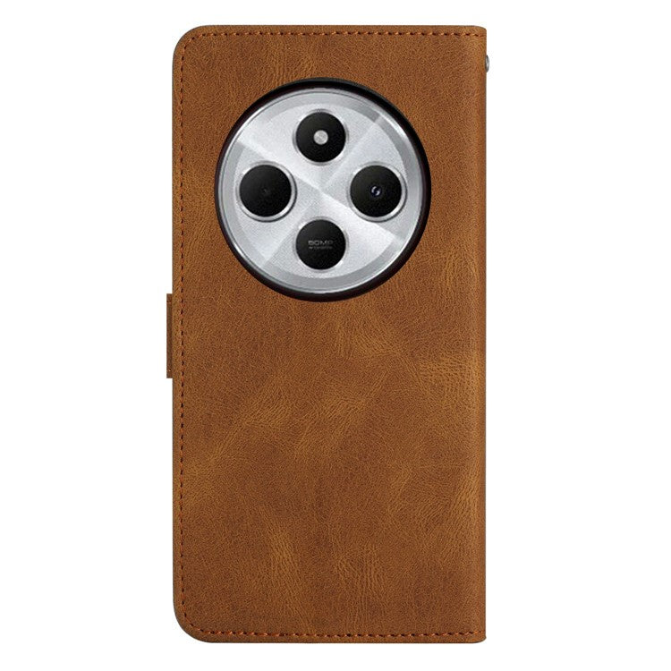 For Xiaomi Poco C75 4G / Redmi 14R 5G / 14C 4G Wallet Case Line Imprinted Skin-Touch Anti-Drop Leather Flip Phone Cover - Brown