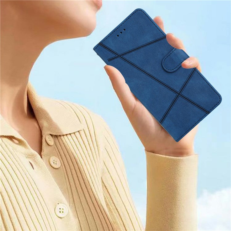 For Xiaomi Poco C75 4G / Redmi 14R 5G / 14C 4G Wallet Case Line Imprinted Skin-Touch Anti-Drop Leather Flip Phone Cover - Blue