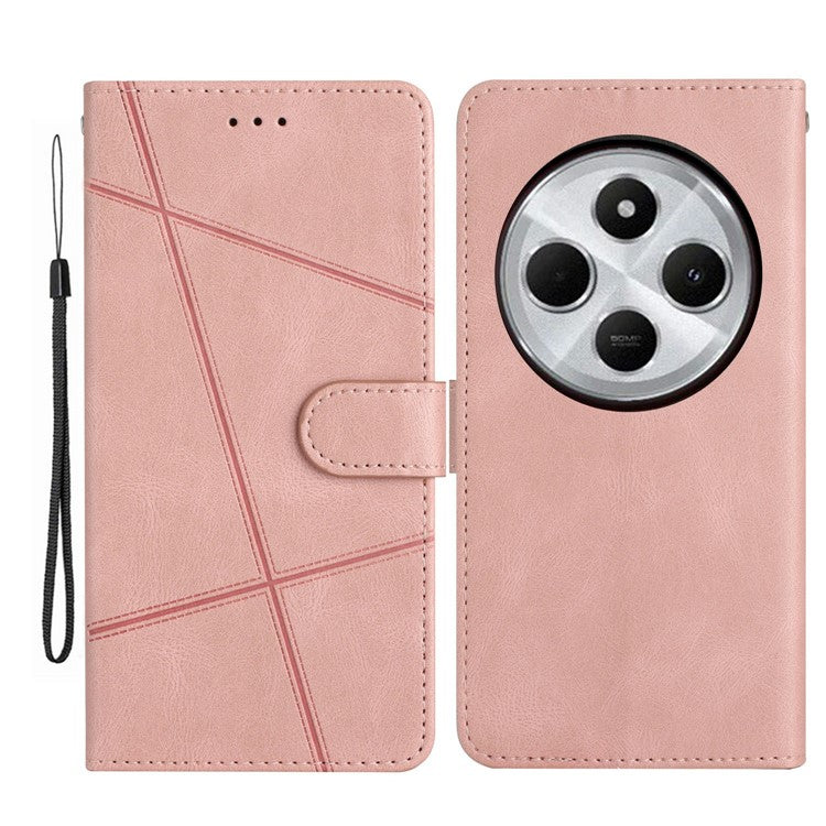 For Xiaomi Poco C75 4G / Redmi 14R 5G / 14C 4G Wallet Case Line Imprinted Skin-Touch Anti-Drop Leather Flip Phone Cover - Rose Gold