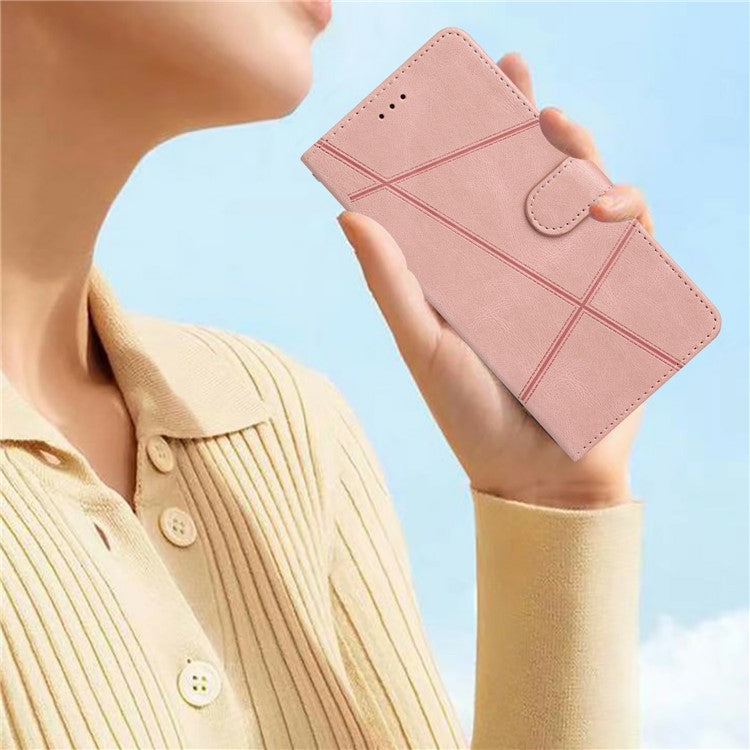 For Xiaomi Poco C75 4G / Redmi 14R 5G / 14C 4G Wallet Case Line Imprinted Skin-Touch Anti-Drop Leather Flip Phone Cover - Rose Gold