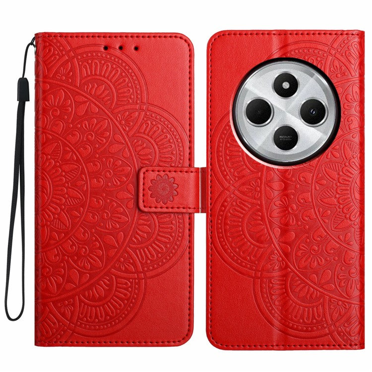 For Xiaomi Poco C75 4G / Redmi 14R 5G / 14C 4G Leather Case with Card Slots Mandala Pattern Phone Cover Stand - Red