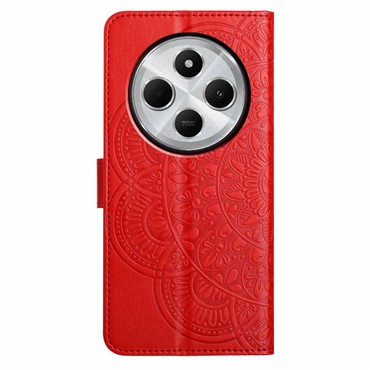 For Xiaomi Poco C75 4G / Redmi 14R 5G / 14C 4G Leather Case with Card Slots Mandala Pattern Phone Cover Stand - Red