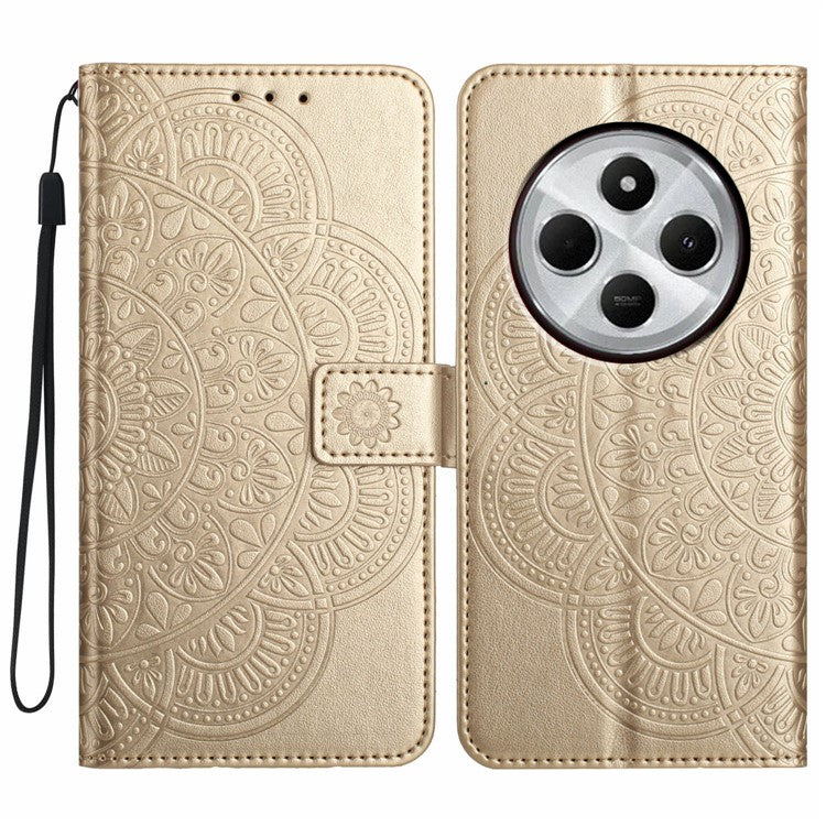 For Xiaomi Poco C75 4G / Redmi 14R 5G / 14C 4G Leather Case with Card Slots Mandala Pattern Phone Cover Stand - Gold