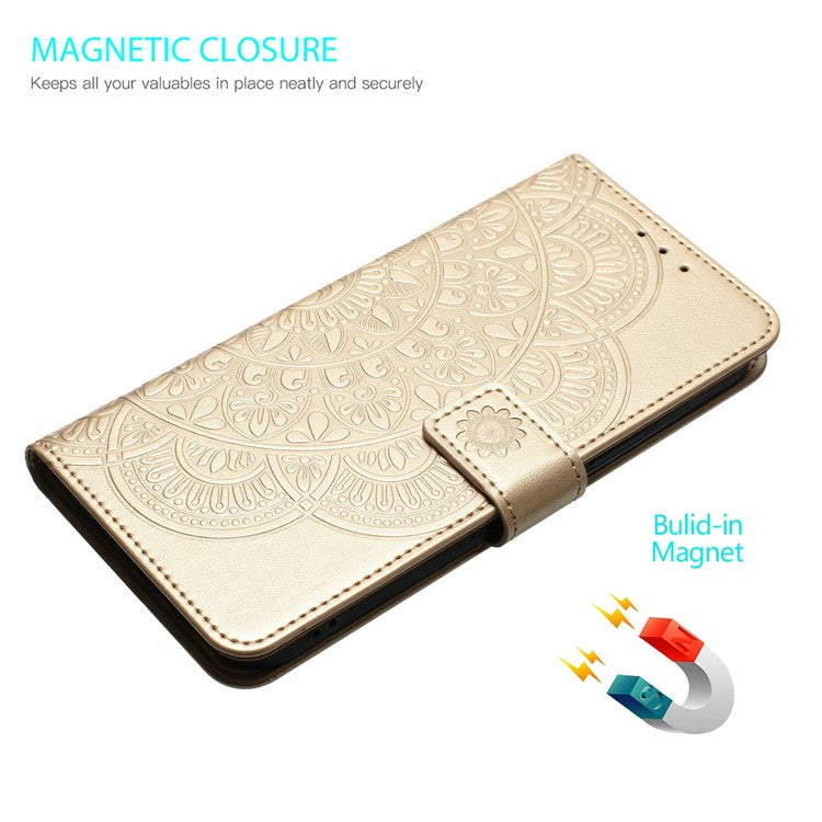 For Xiaomi Poco C75 4G / Redmi 14R 5G / 14C 4G Leather Case with Card Slots Mandala Pattern Phone Cover Stand - Gold