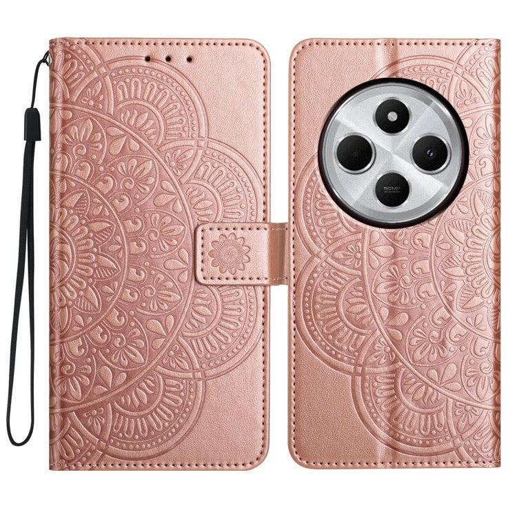 For Xiaomi Poco C75 4G / Redmi 14R 5G / 14C 4G Leather Case with Card Slots Mandala Pattern Phone Cover Stand - Rose Gold