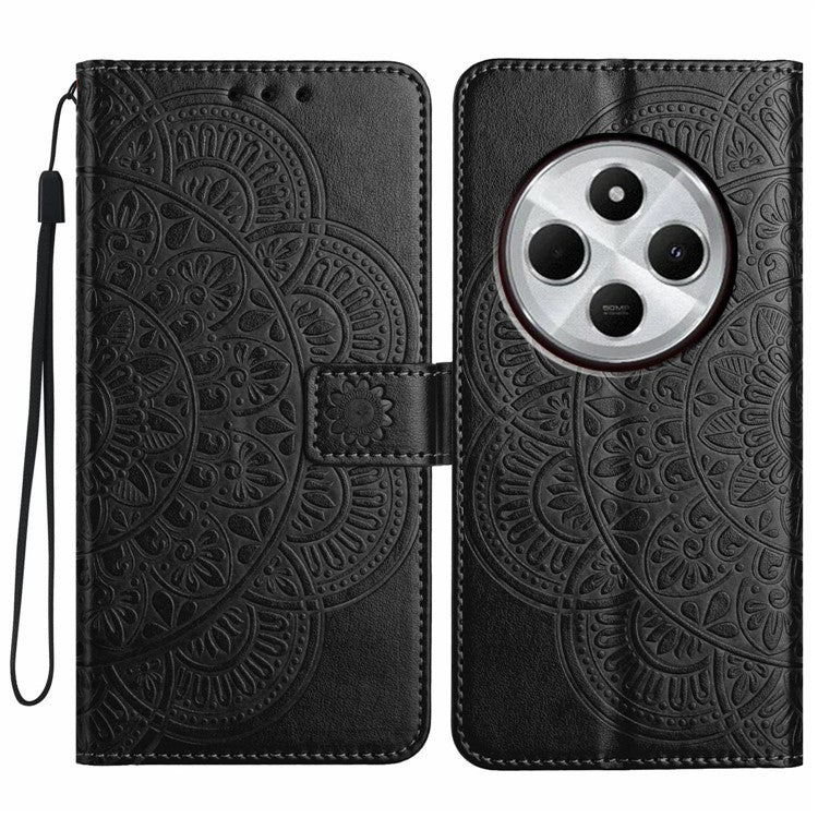 For Xiaomi Poco C75 4G / Redmi 14R 5G / 14C 4G Leather Case with Card Slots Mandala Pattern Phone Cover Stand - Black