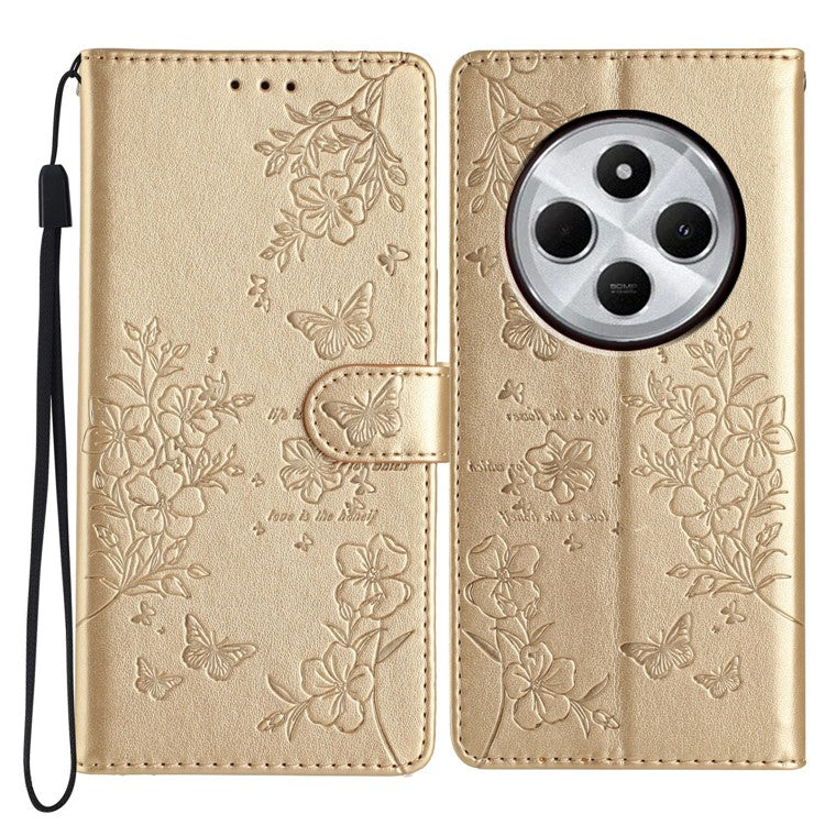 For Xiaomi Poco C75 4G / Redmi 14R 5G / 14C 4G Wallet Phone Case Butterfly Floral Imprint Leather Flip Cover - Gold